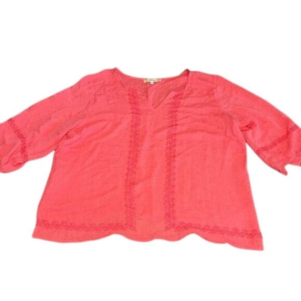 Araza Womens Coral Blouse 2X V-Neck 3/4 Sleeve With Embroidered Detail